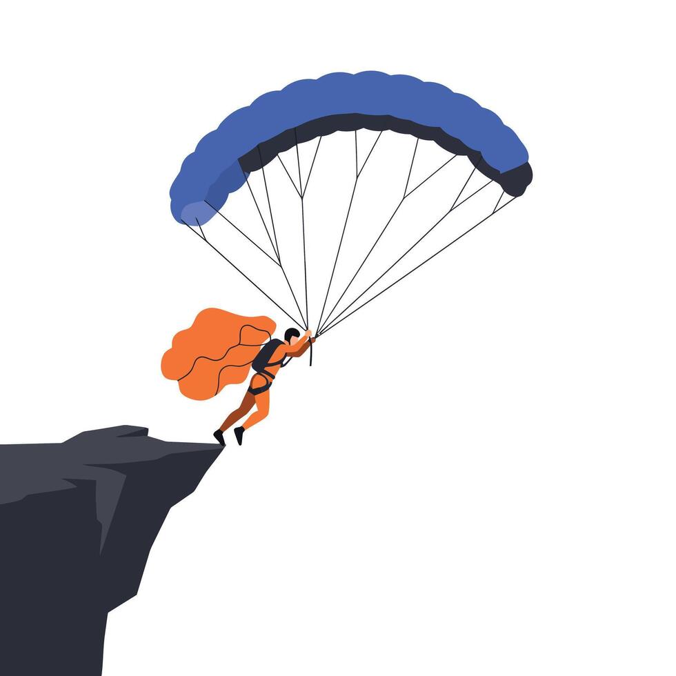 Parachutist jumping from cliff with colorful parachute in flat art vector