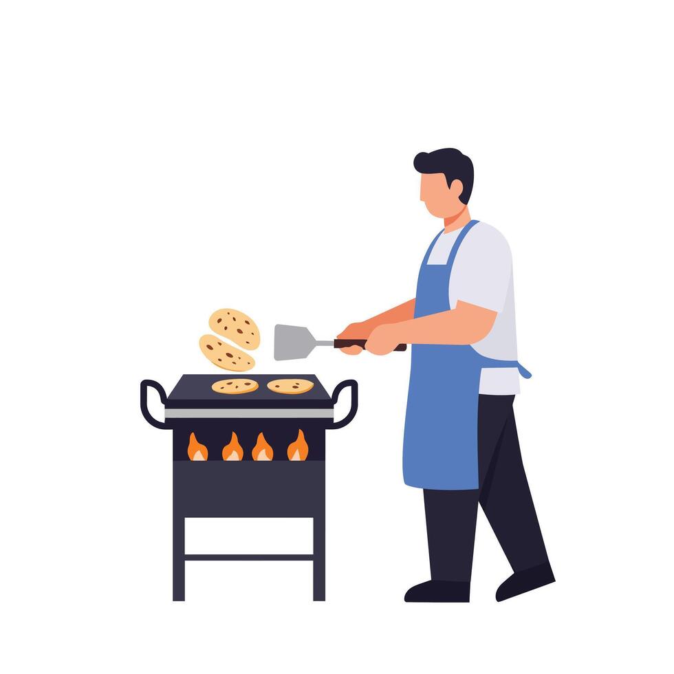 Chef grilling cookies in a modern kitchen flat art vector