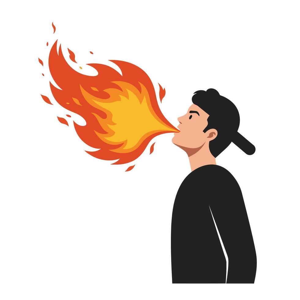 Man breathing fire in flat design style showcasing vibrant colors illustration vector