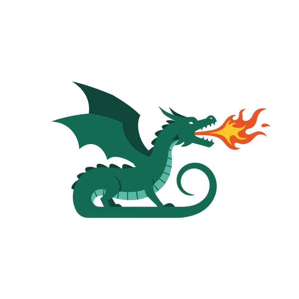 Green dragon breathing fire in a flat and minimal design style art vector