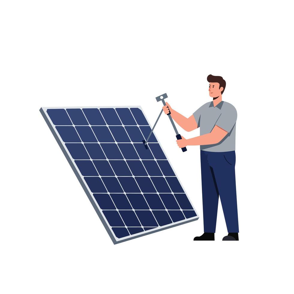 Solar panel maintenance worker in flat design style art vector