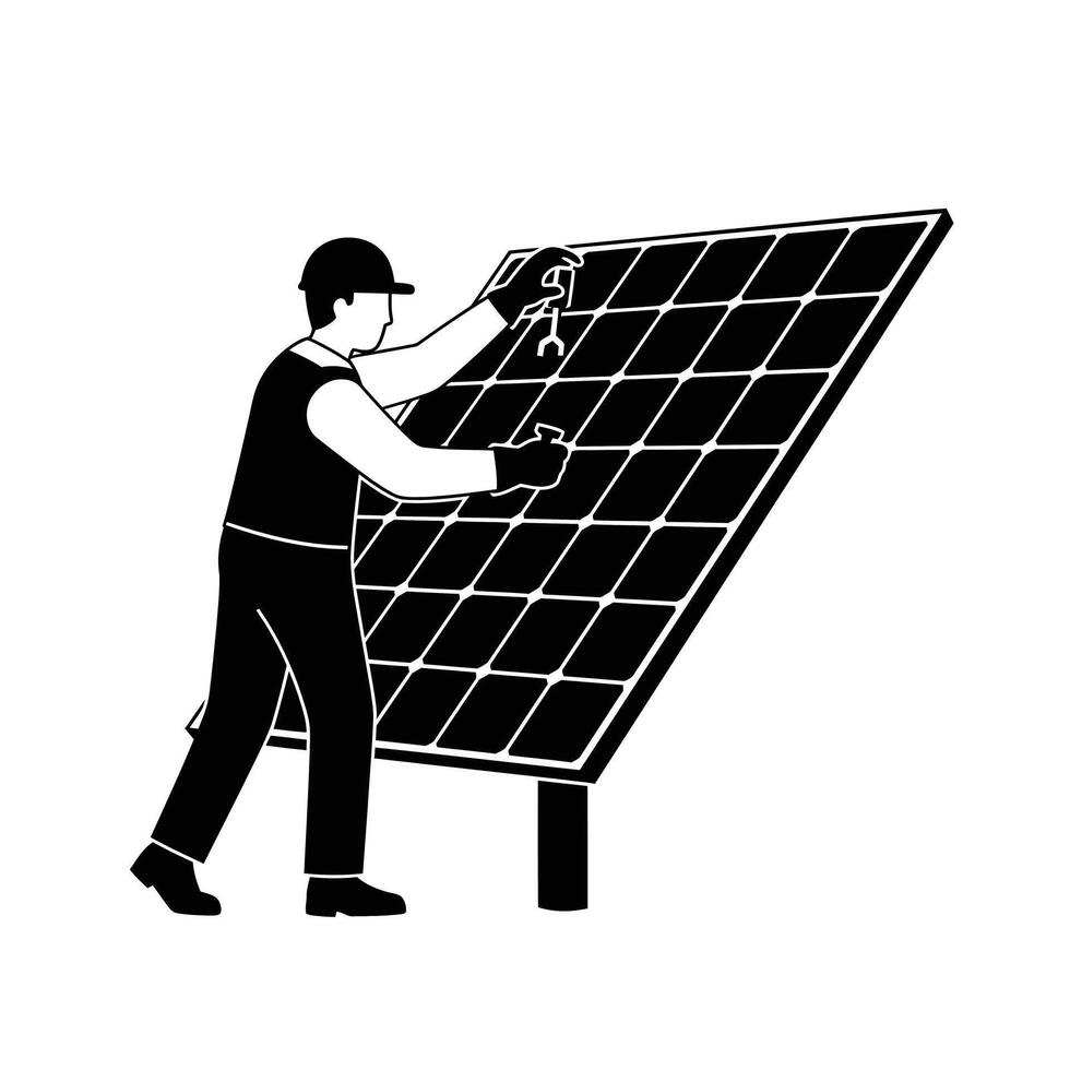 Worker installing solar panel on rooftop in flat minimal art vector