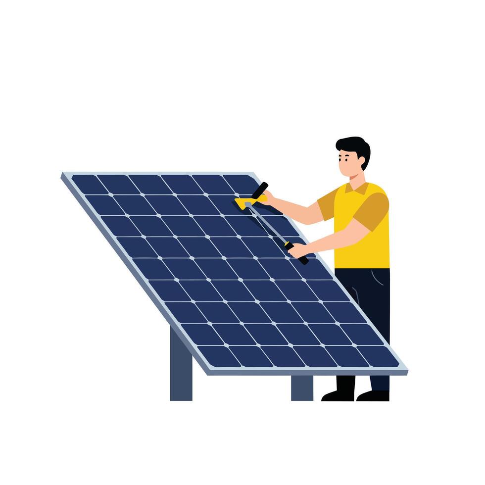 Man cleaning solar panel in flat design style art vector
