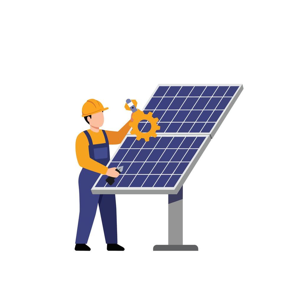 Worker adjusting solar panels in flat digital style art vector