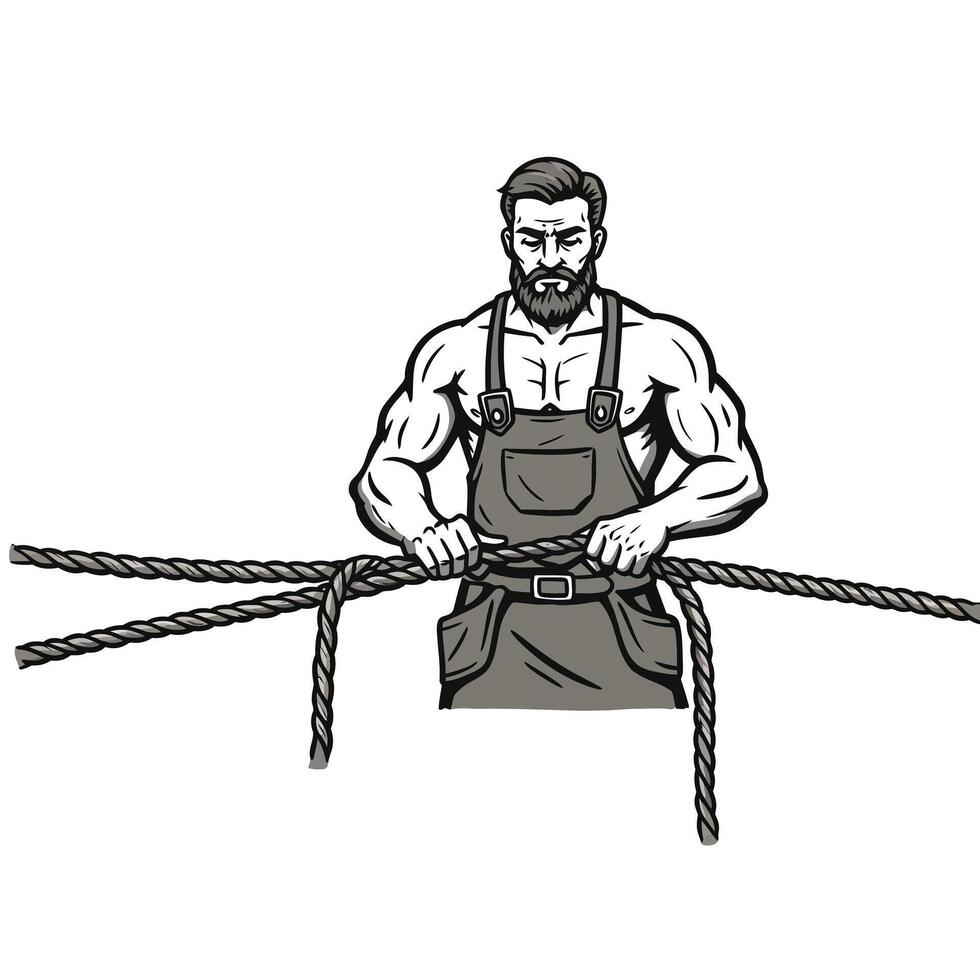 Strong man in overalls pulling ropes in detailed flat art vector