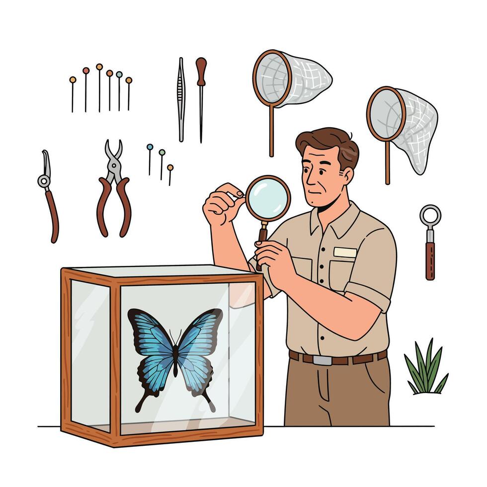 Man examining butterfly specimen with tools in flat art vector
