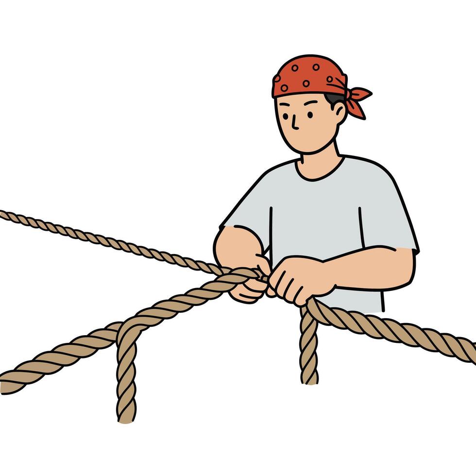 Person tying knots with ropes in flat minimal art style vector