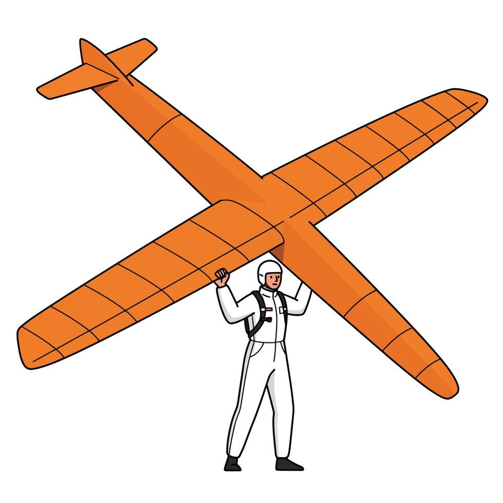 Airplane pilot holding a glider in vibrant orange flat art vector