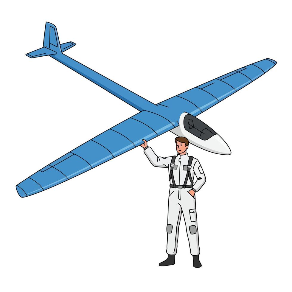 Glider pilot preparing for takeoff with blue glider in flat art vector
