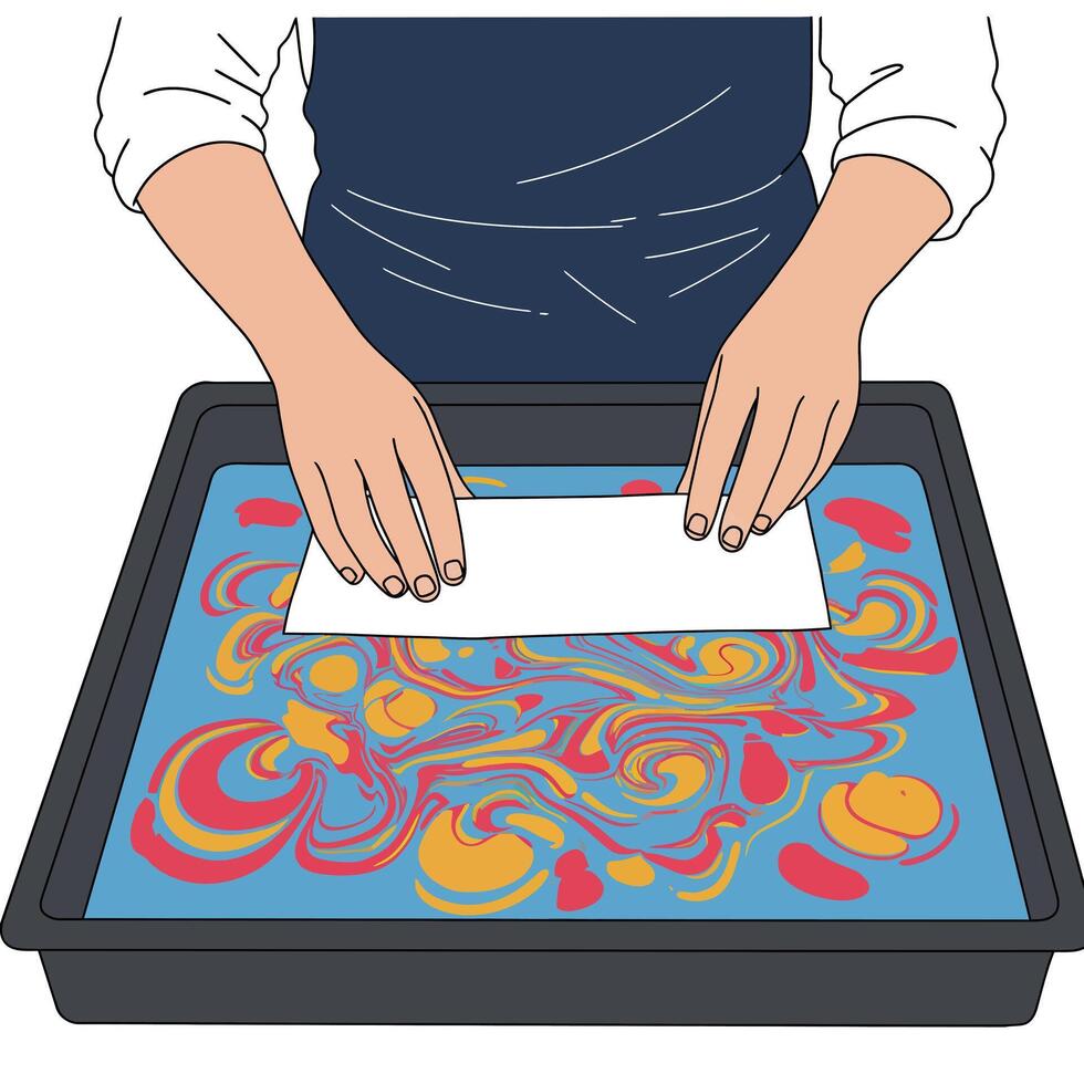 Hands performing marbling technique on colorful water surface in flat art vector