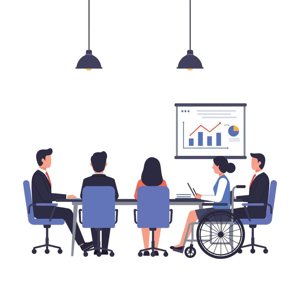 Business meeting scene with diverse participants in flat art style illustration vector