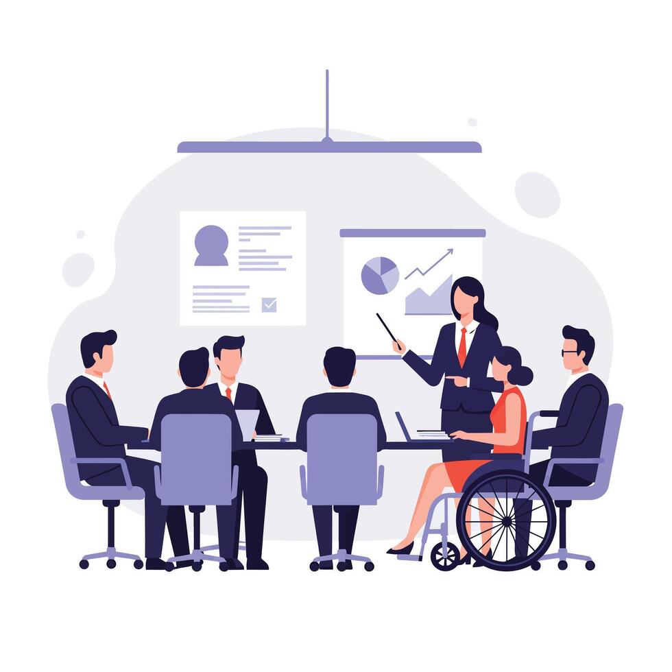 Business meeting with diverse participants in flat design illustration vector