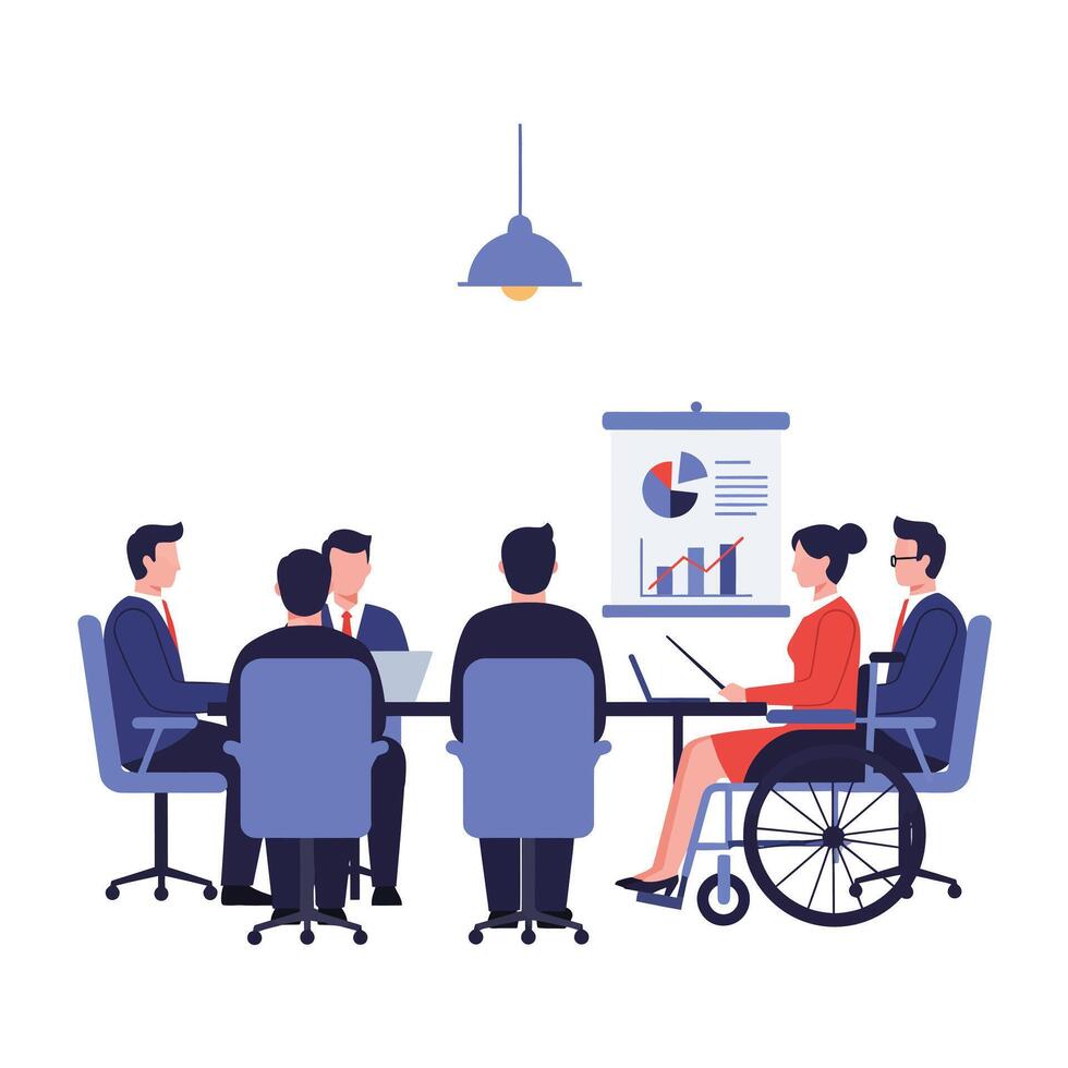 Business meeting scene with diverse participants in flat illustration vector