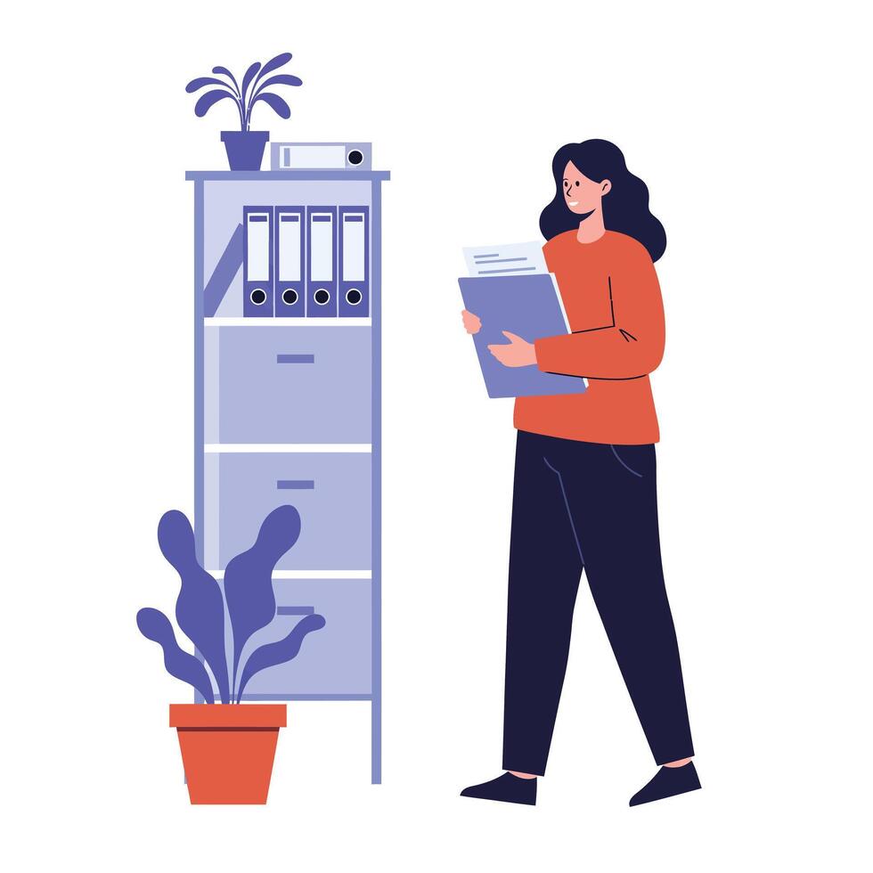 Woman carrying files near a filing cabinet in flat art vector