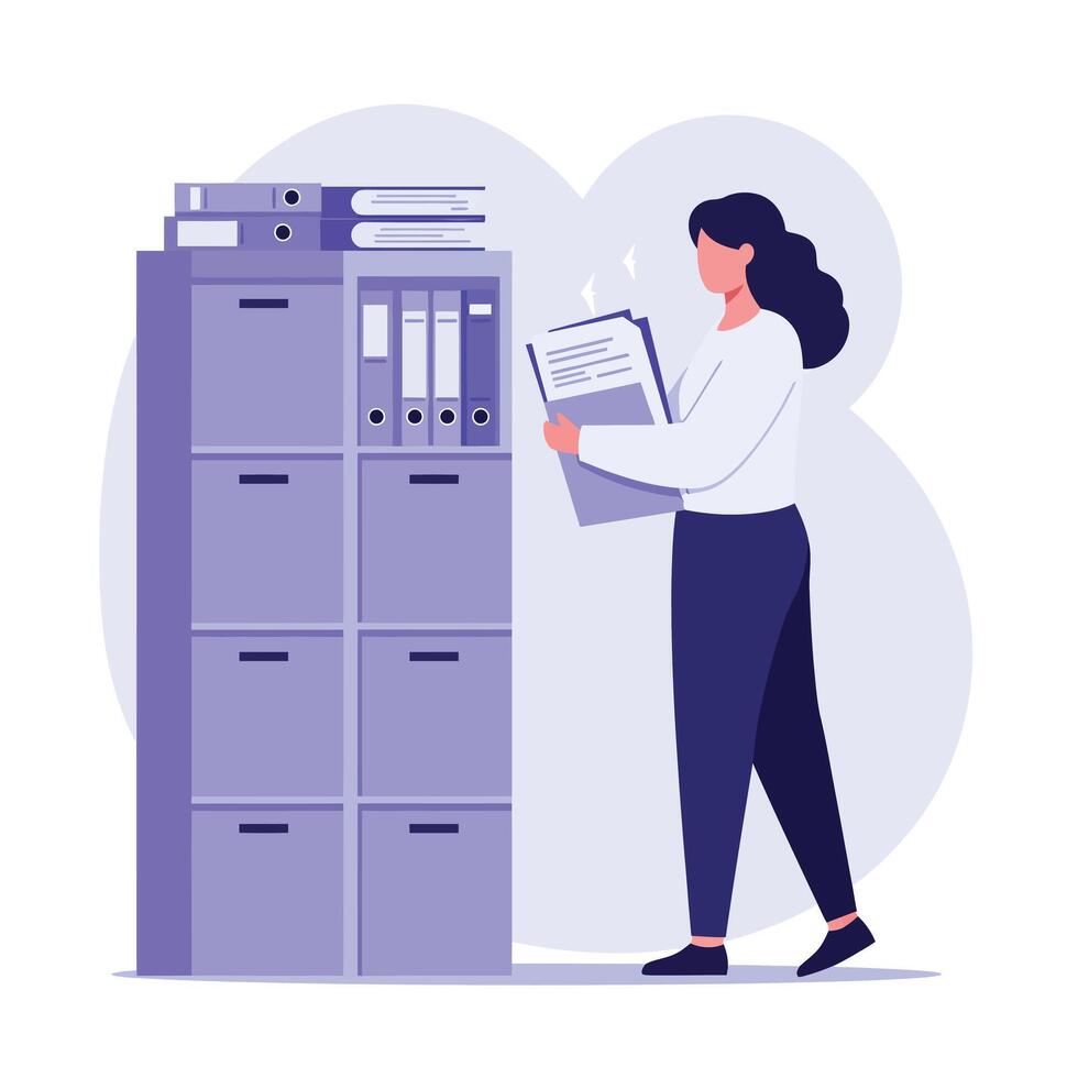 Office worker organizing files in a flat illustration with a filing cabinet and documents vector