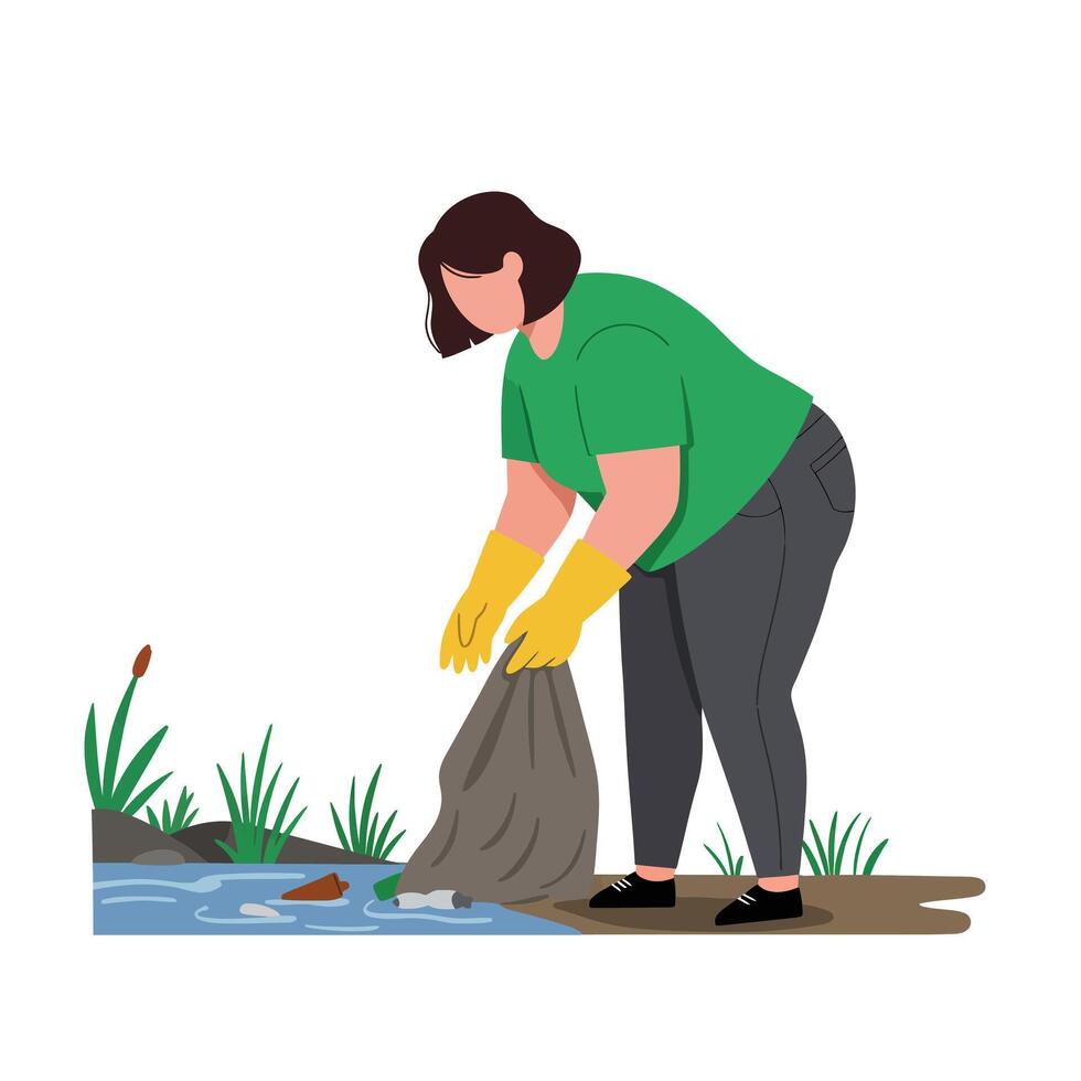 Person cleaning riverbank with gloves in minimal flat art vector