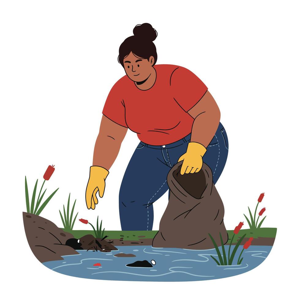 Person collecting trash from a water body in flat illustration vector