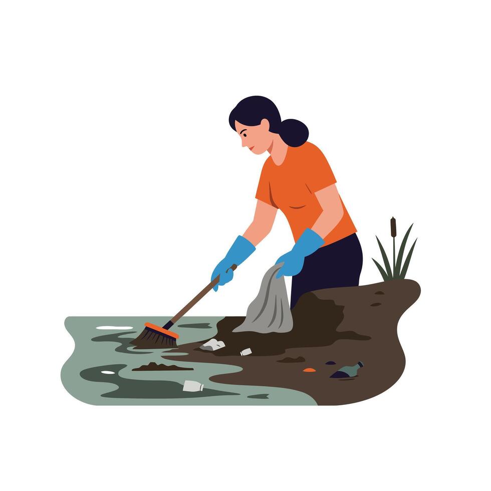 Person cleaning litter from water in flat illustration style vector