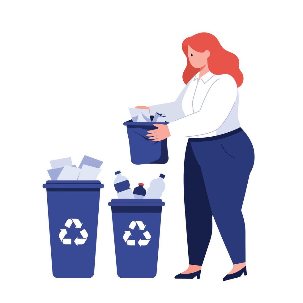 Woman sorting waste into recycling bins in flat style illustration vector