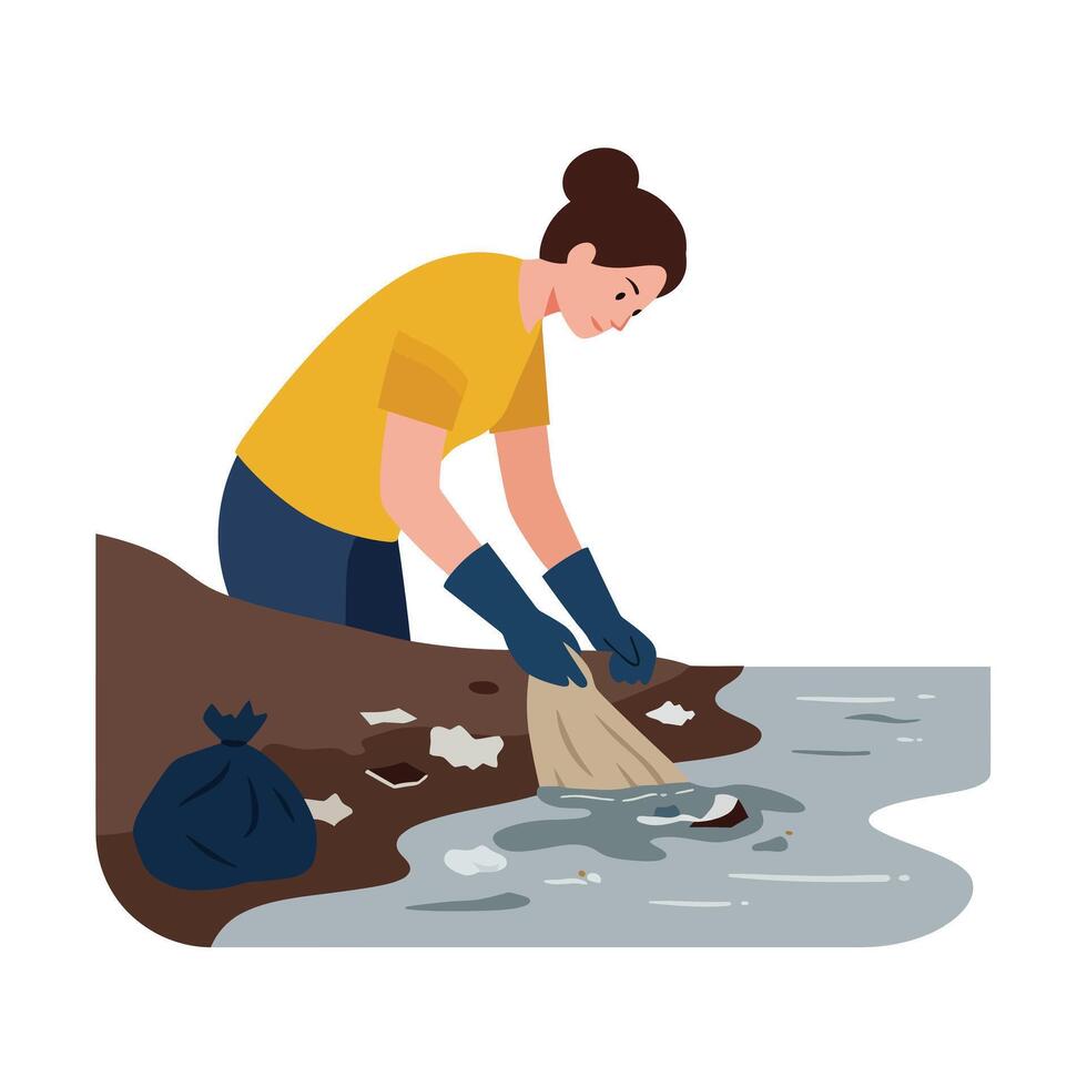 Woman cleaning litter from water in flat design illustration vector