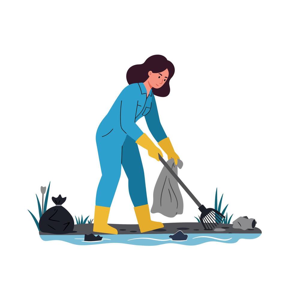 Woman cleaning up trash from riverbank in flat illustration vector