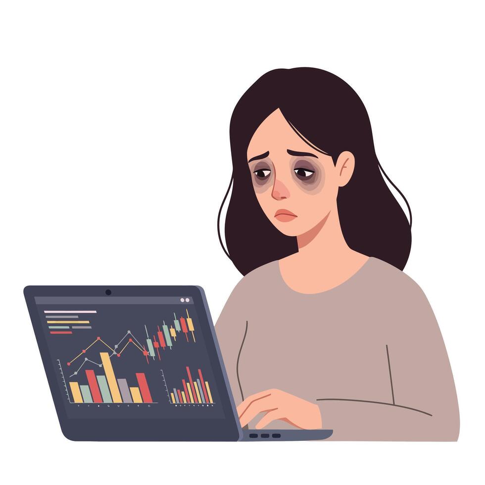 Woman with tired expression working on laptop showing financial graphs in flat art vector