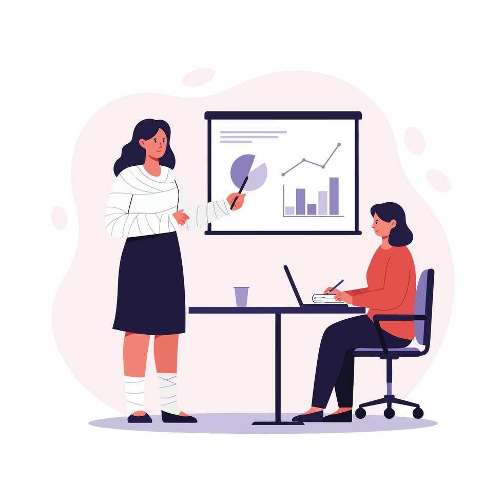 Business presentation scene with woman explaining data in flat art vector