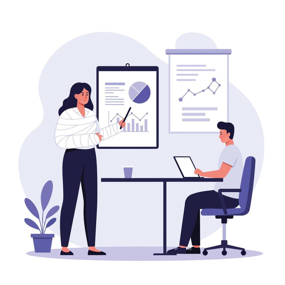 Business presentation scene with flat design elements featuring two professionals in art vector