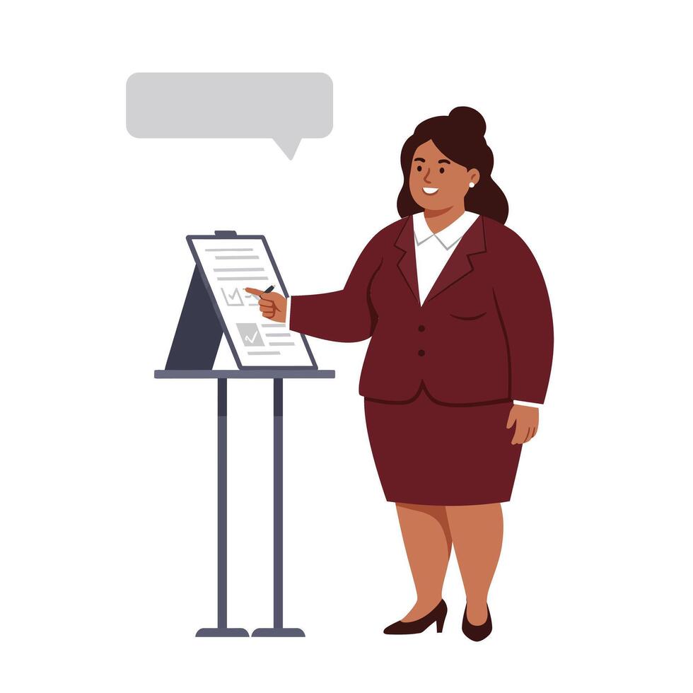 Businesswoman presenting information at a display in a flat art style vector