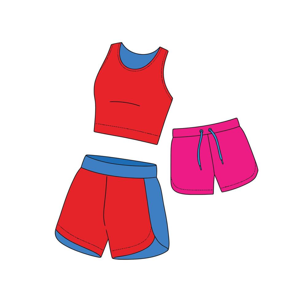 Colorful athletic wear set featuring a top and shorts in flat illustration vector