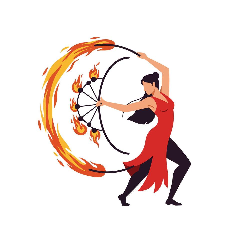 Fire performer in motion with vibrant flames in dynamic flat illustration vector