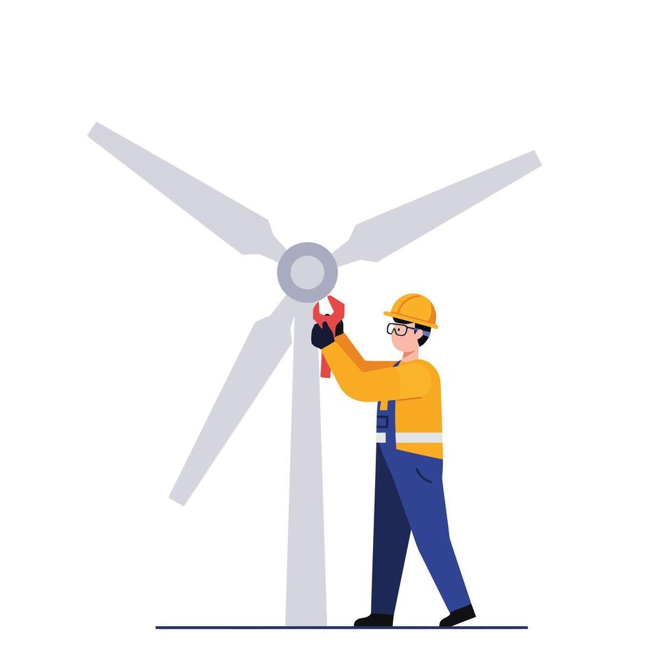 Wind turbine technician performing maintenance in flat, minimal illustration vector
