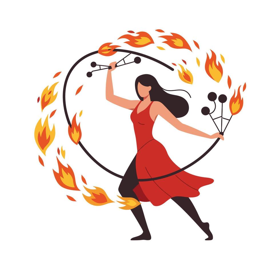 Dynamic fire performer elegantly spinning flames in a vibrant red dress art vector