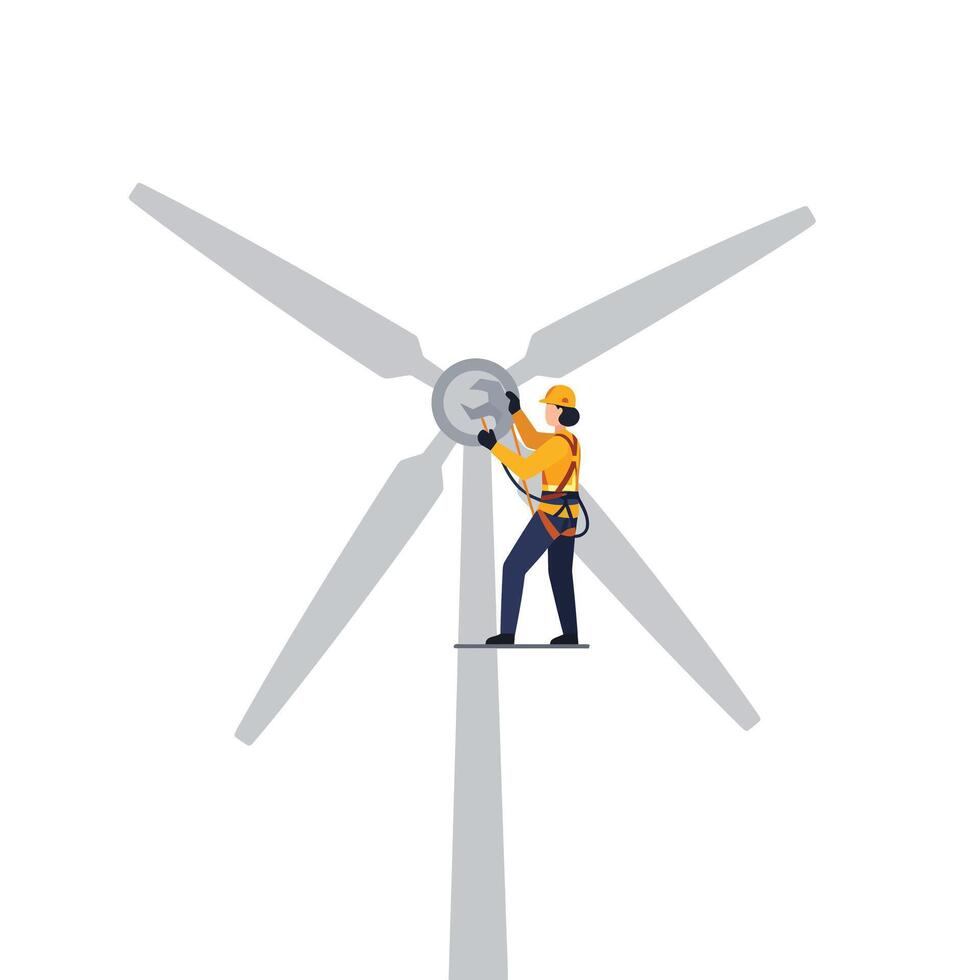 Wind turbine technician performing maintenance on clean energy source in flat art vector