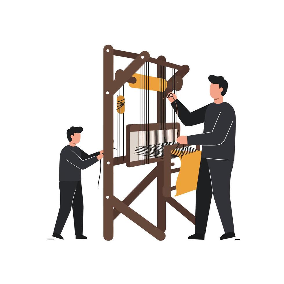 Two people weaving together on a loom in a minimal illustration vector