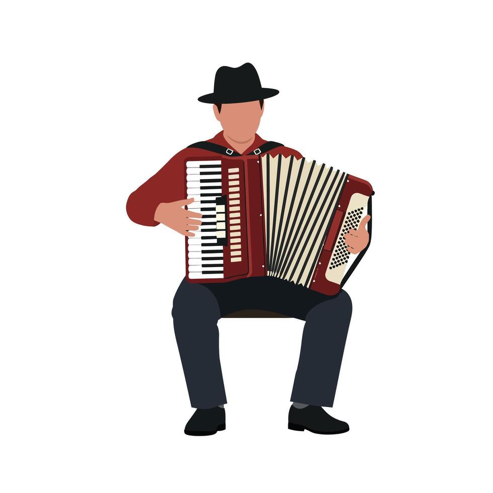 Accordion player in stylish hat performing music in minimal art vector