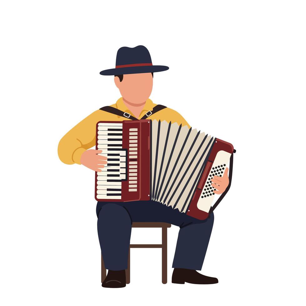 Accordion player in yellow shirt performing in flat illustration vector