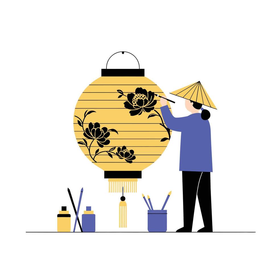 Lantern painting process with artist in flat minimal illustration vector