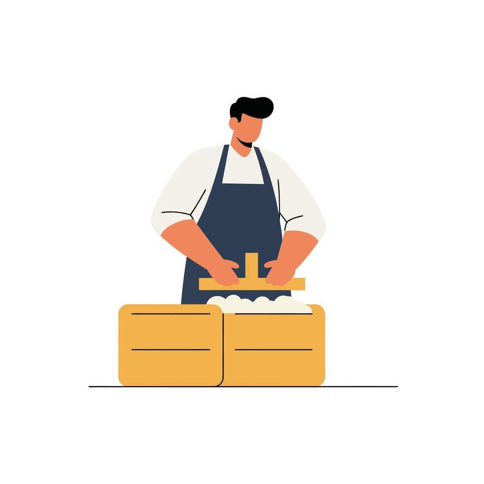 Baker preparing dough with rolling pin in flat and minimal art vector