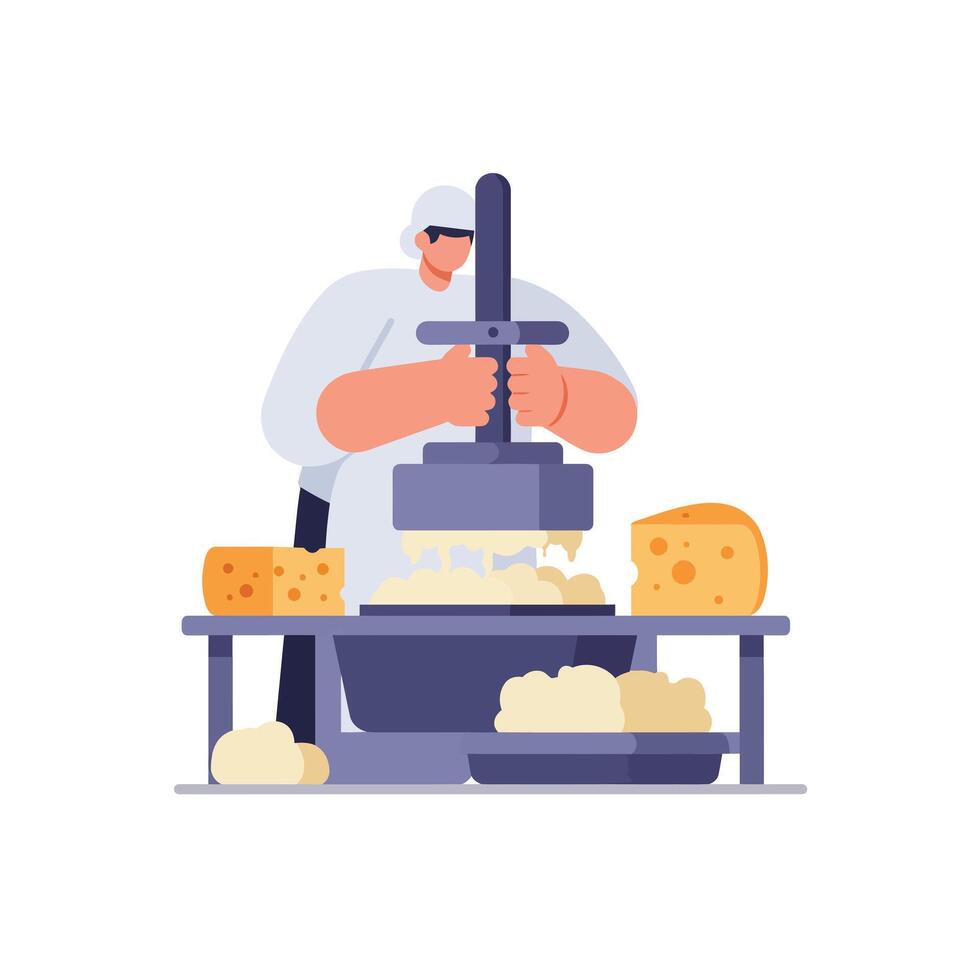 Cheese maker pressing curds with minimal design style art vector