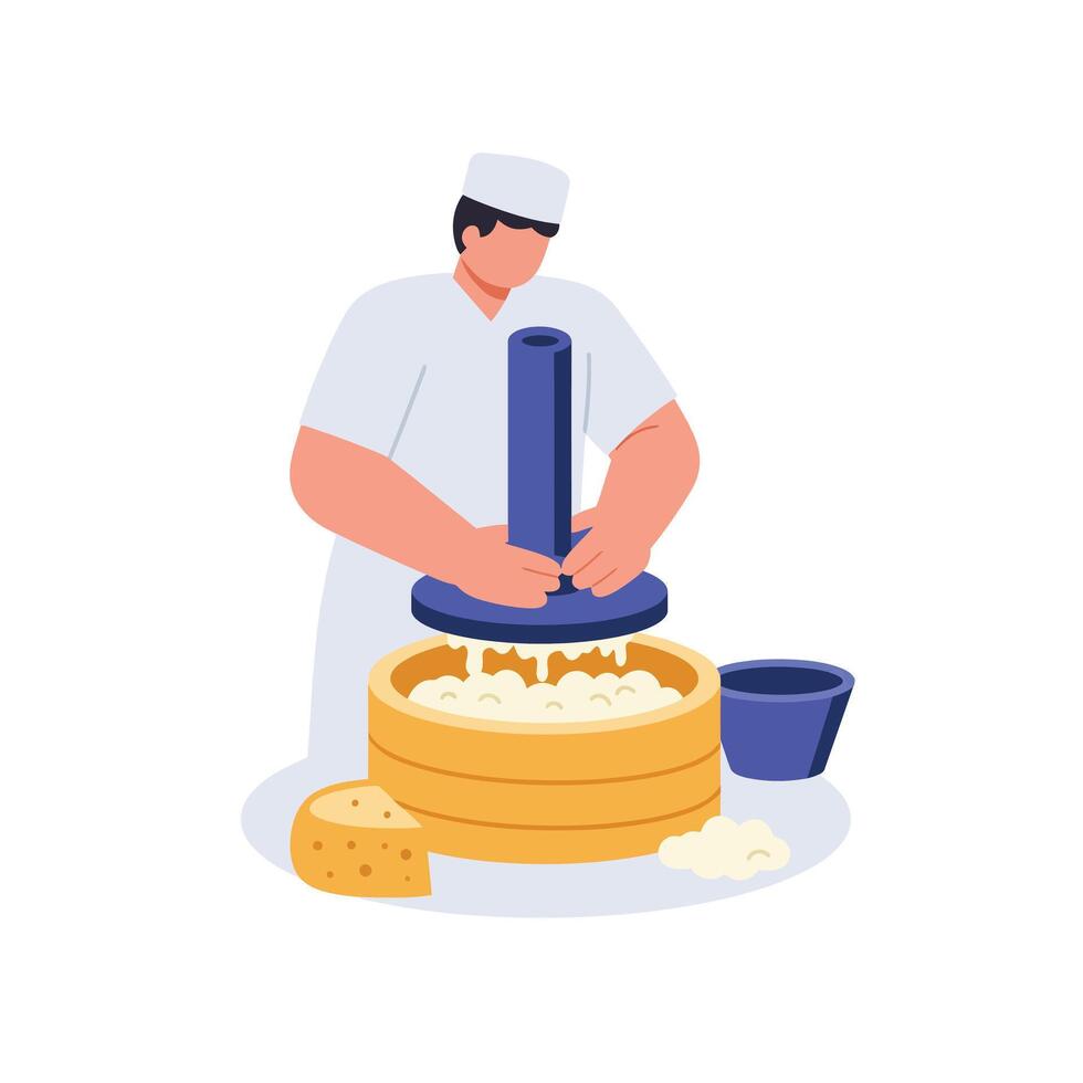 Cheese maker pressing curds in a detailed flat illustration vector