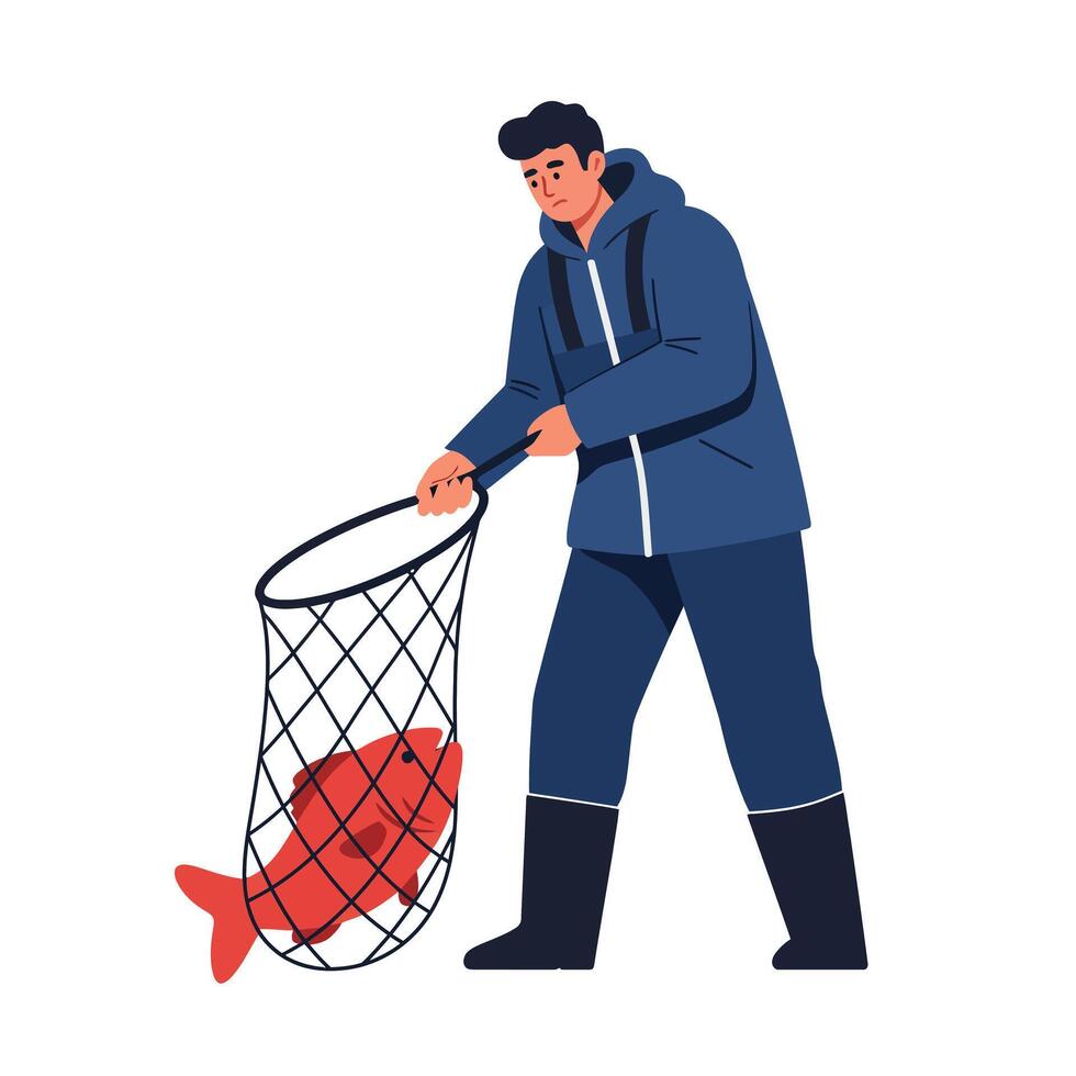 Fisherman catching large fish in net flat illustration vector