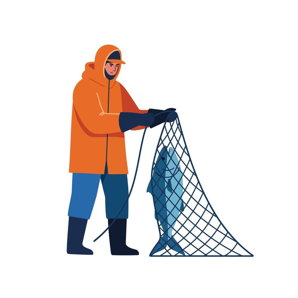 Fisherman in Orange Jacket Catching Fish with Net in Flat Art vector