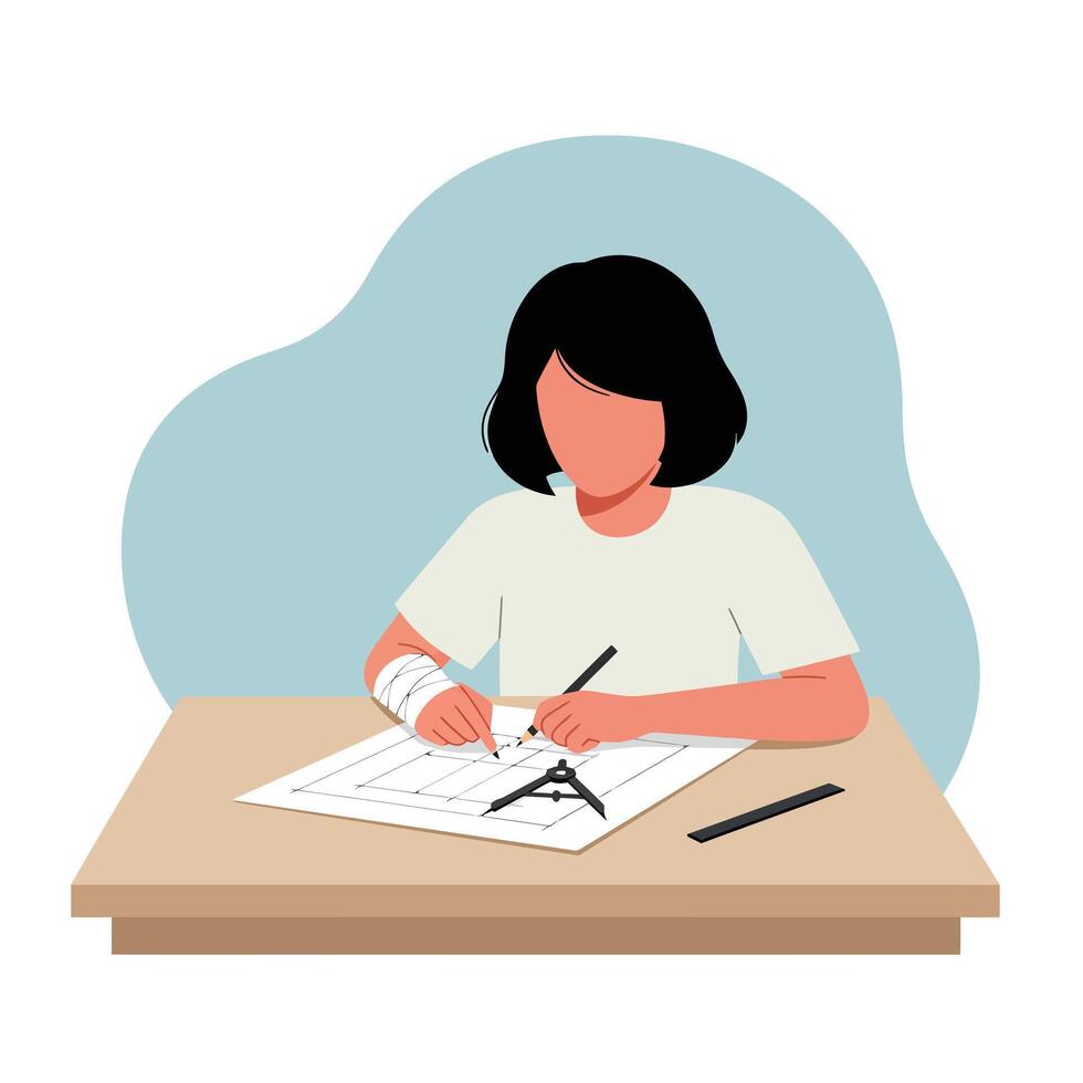 Young person sketching designs on paper in minimal flat art vector