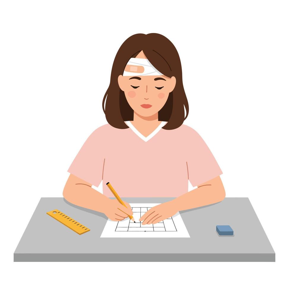 Focused student with a bandage drawing on paper in flat art vector