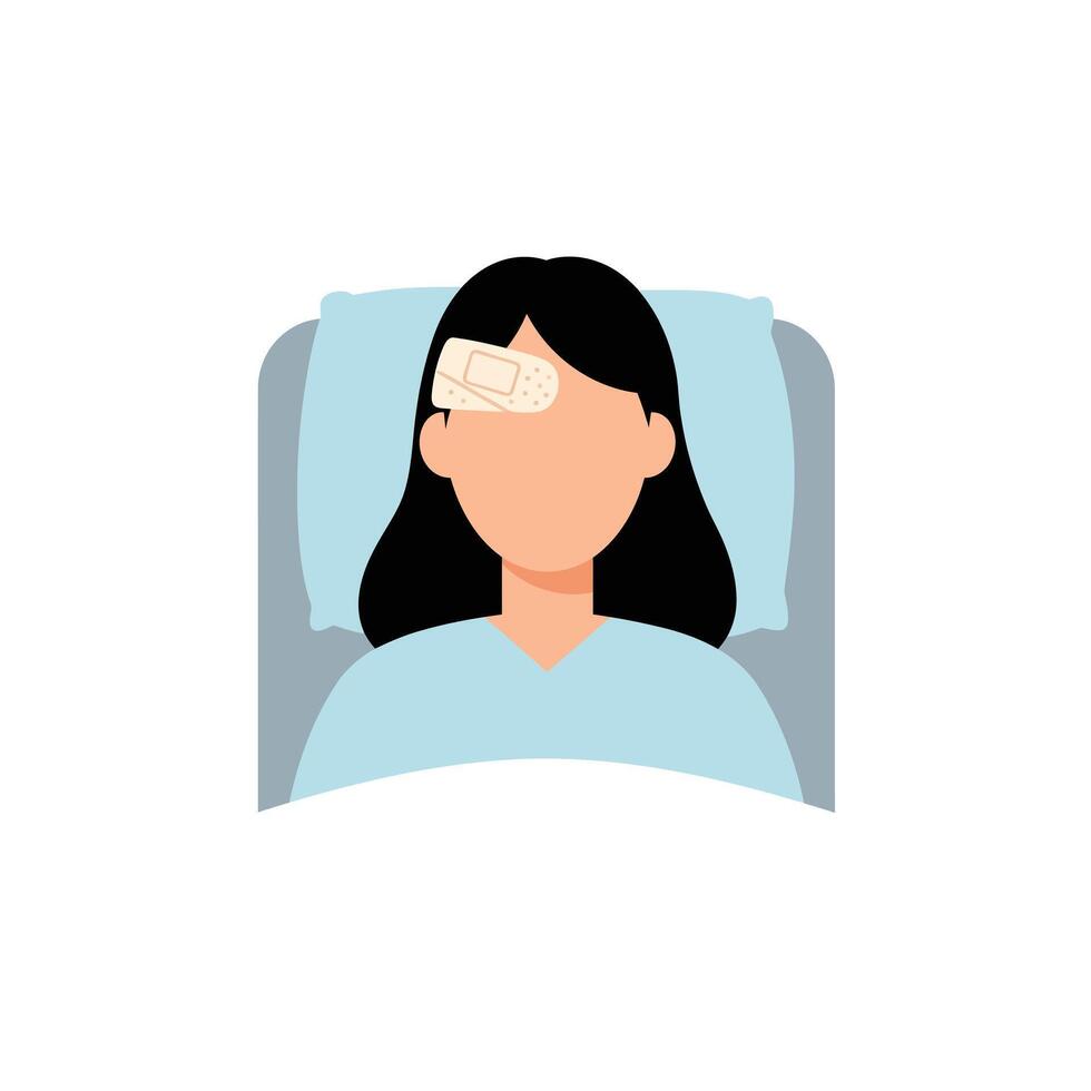 Person resting in bed with bandage on forehead minimal illustration vector