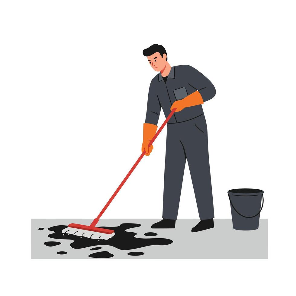 Worker cleaning spilled liquid with a mop in flat art style vector