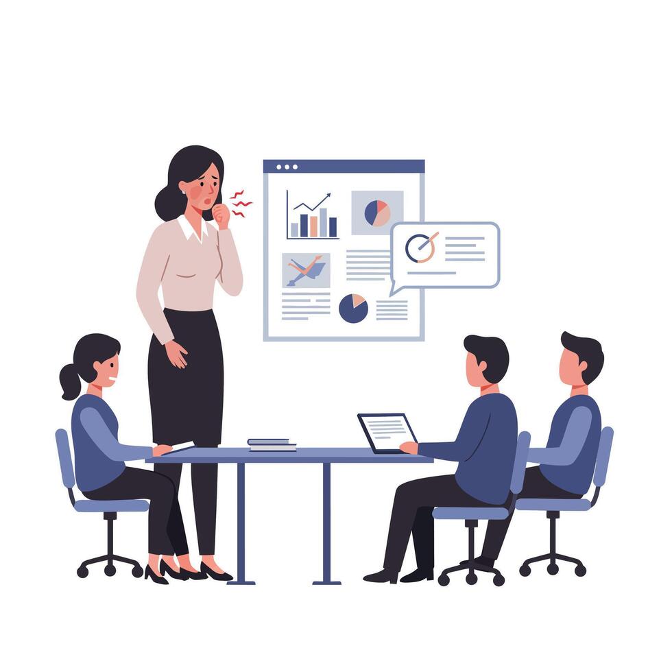 Business meeting scene with four people discussing data in flat art vector