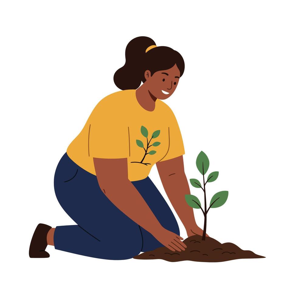 Woman planting a young tree in soil with flat art style illustration vector