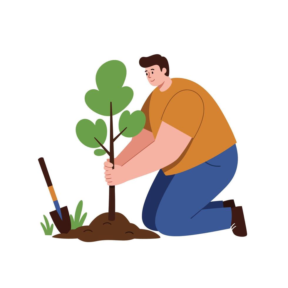 Man planting a young tree in soil using flat design art vector